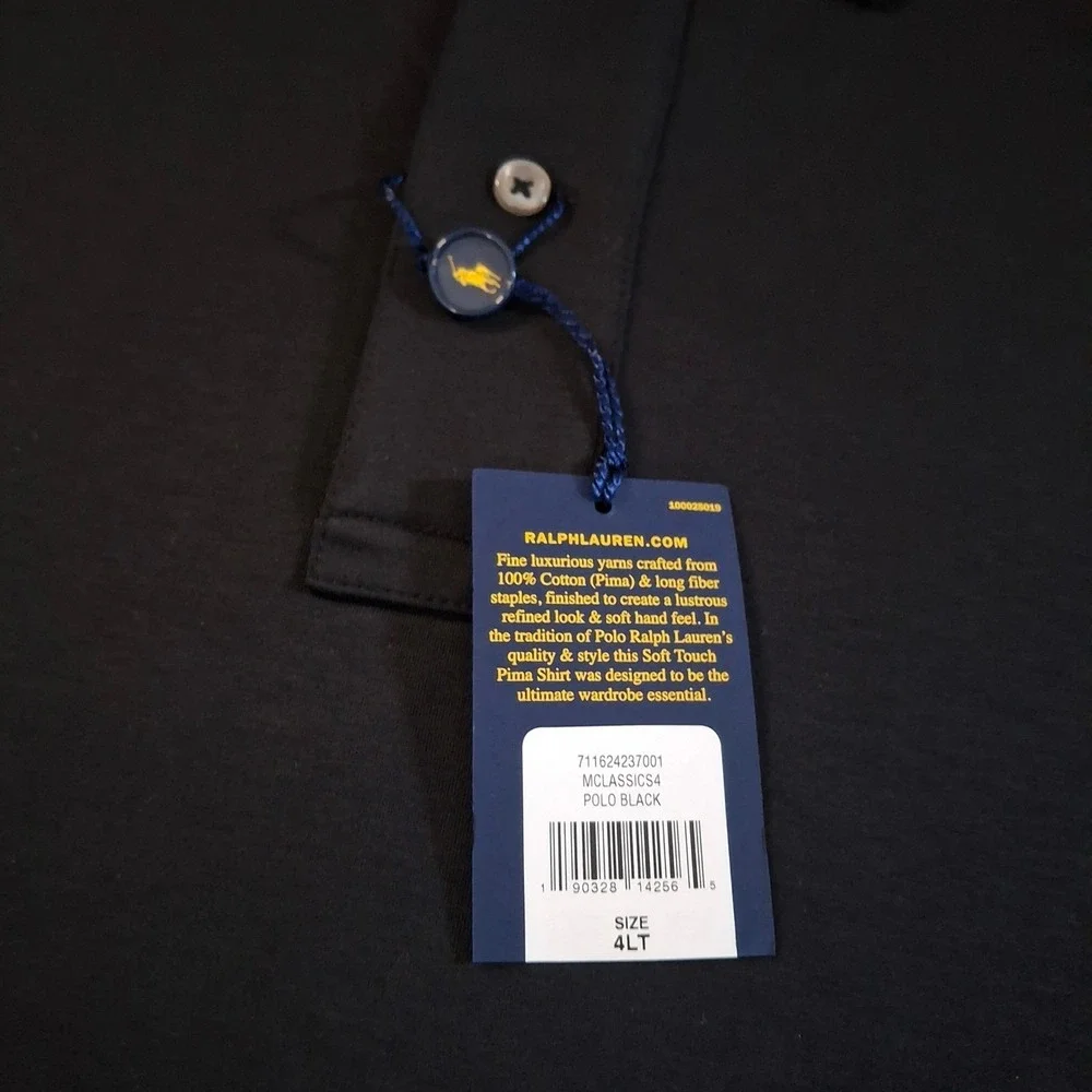 Polo Ralph Lauren Mens 4XLT Black Pima Soft Touch Long Sleeve Polo Shirt NWT